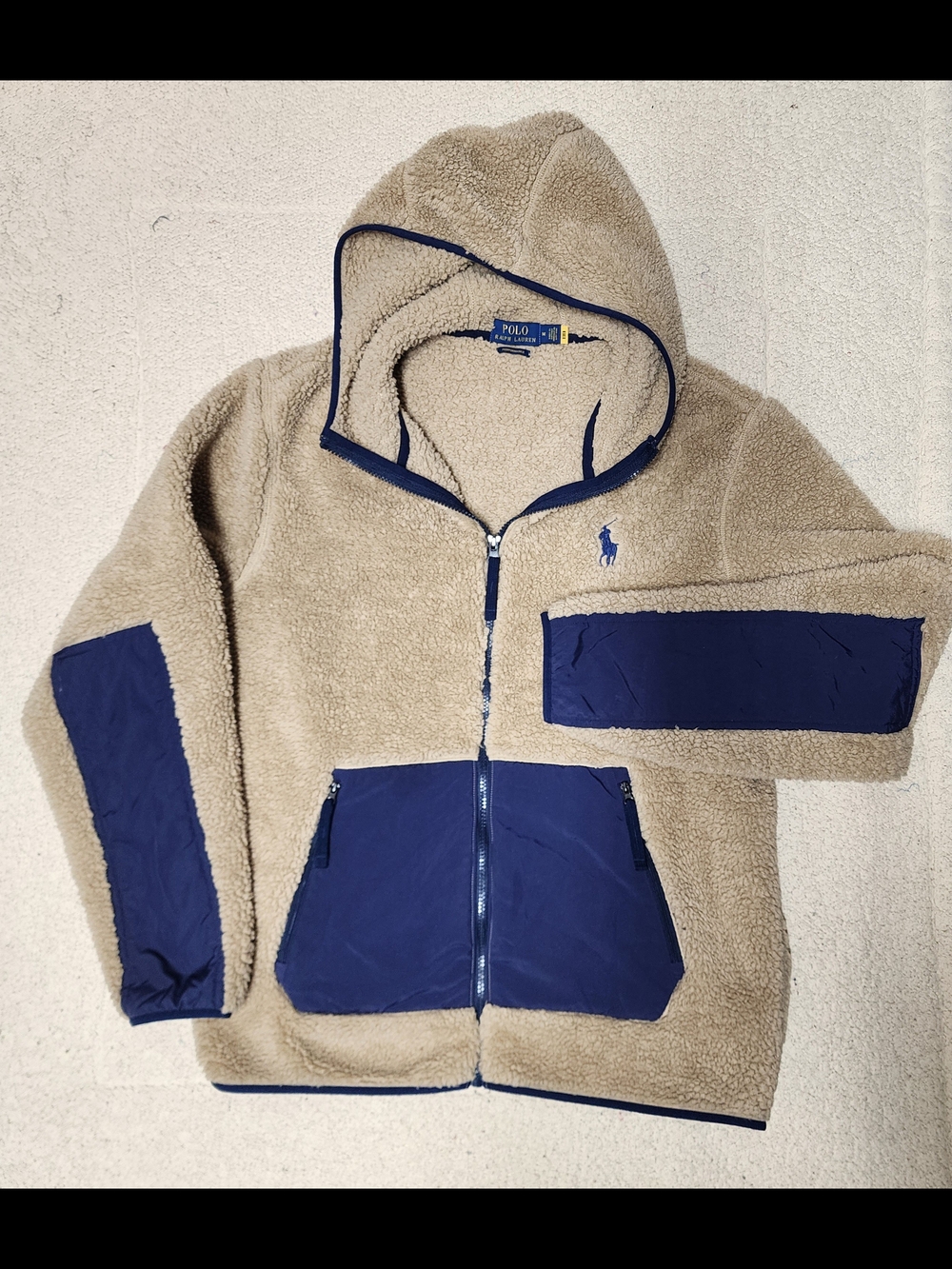 Polo by Ralph Lauren Beige Hooded Sherpa Jacket with Navy Accents